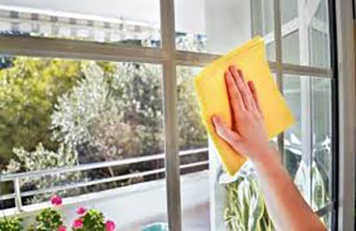 دست زنی که با دستمال زردی شیشه‌های تراس را پاک میکند